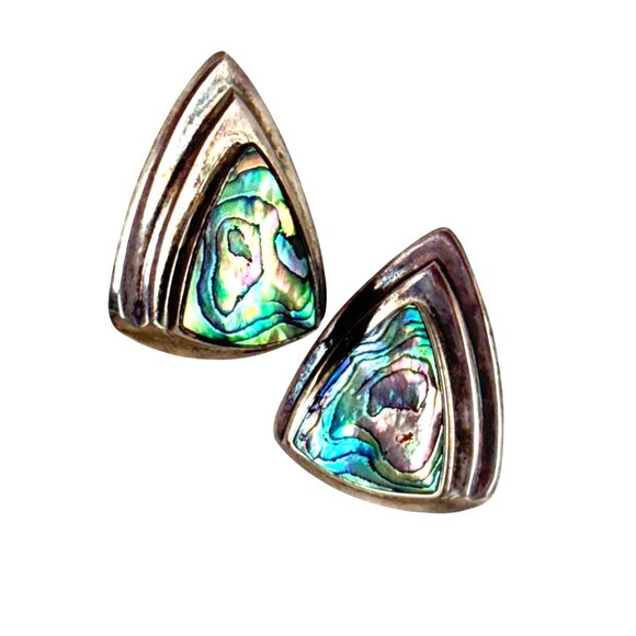 925 Sterling Silver Abalone Shell Triangle Stud Earrings Vintage Modernist - Picture 1 of 7